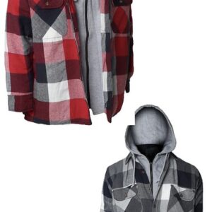Mens Plaid QUILTED Hoody Jacket with fleece zippered Chest Insert