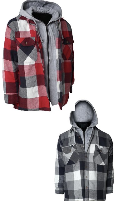Mens Plaid QUILTED Hoody Jacket with fleece zippered Chest Insert