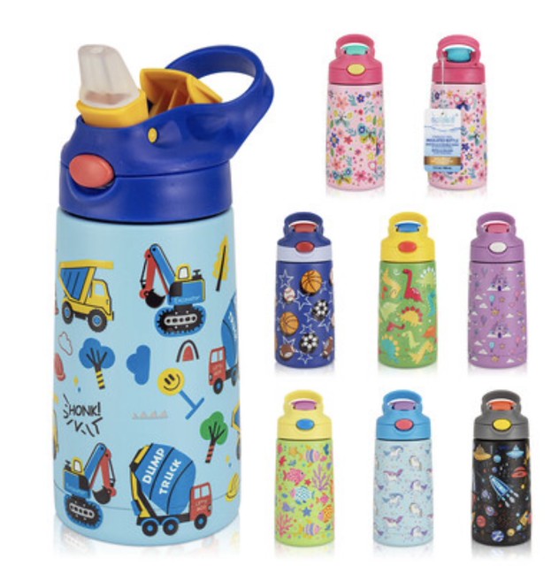 Kids Printed double wall   Steel Bottle with Straw Top and Handle .
